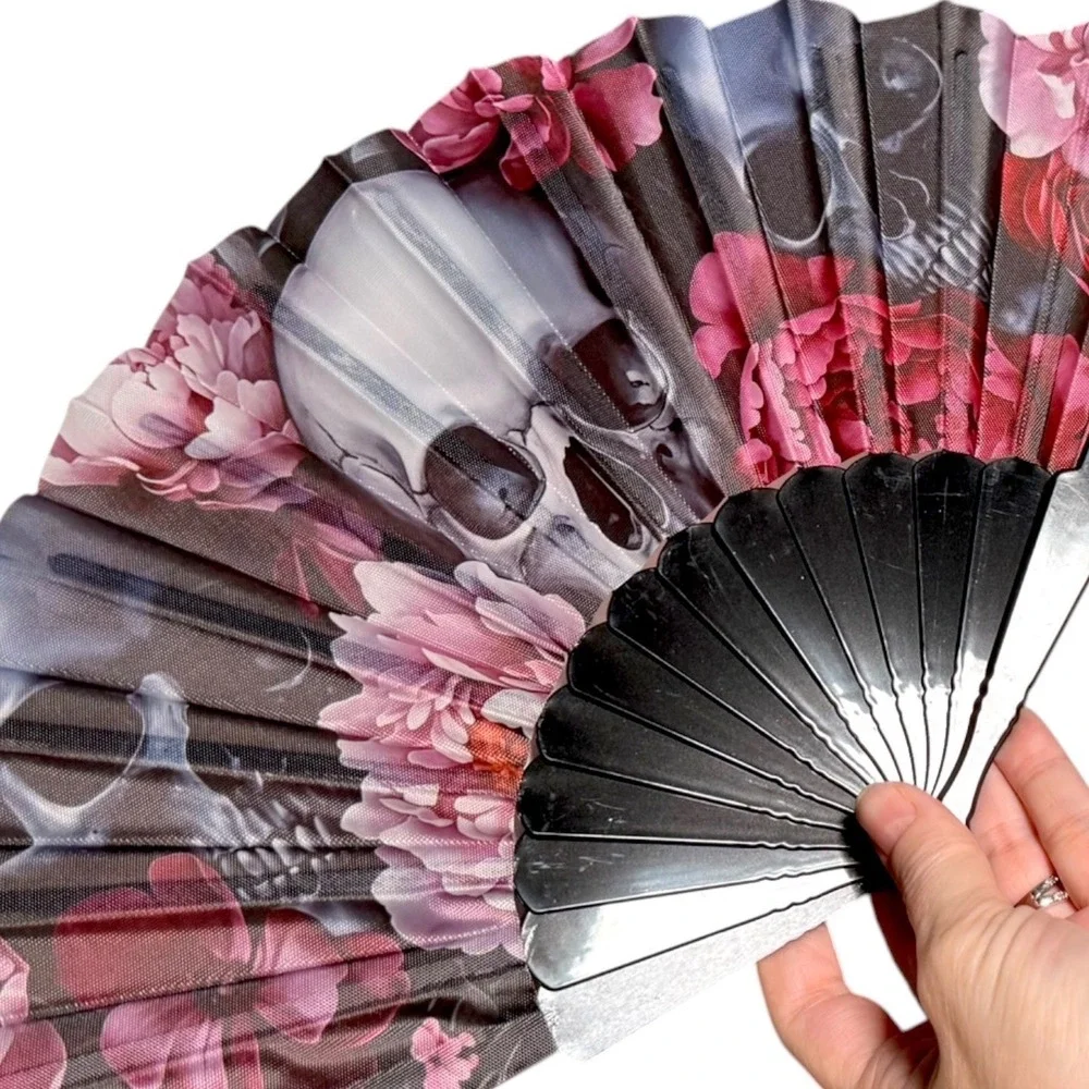Gothic Skull Floral large Folding Hand Fan Pink Black Festival Rave Accessory